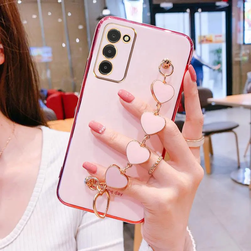 Wrist Bracelet Phone Case For Samsung A03S Case Luxury Heart Chain Plating Cover For Samsung Galaxy A03S Case A53