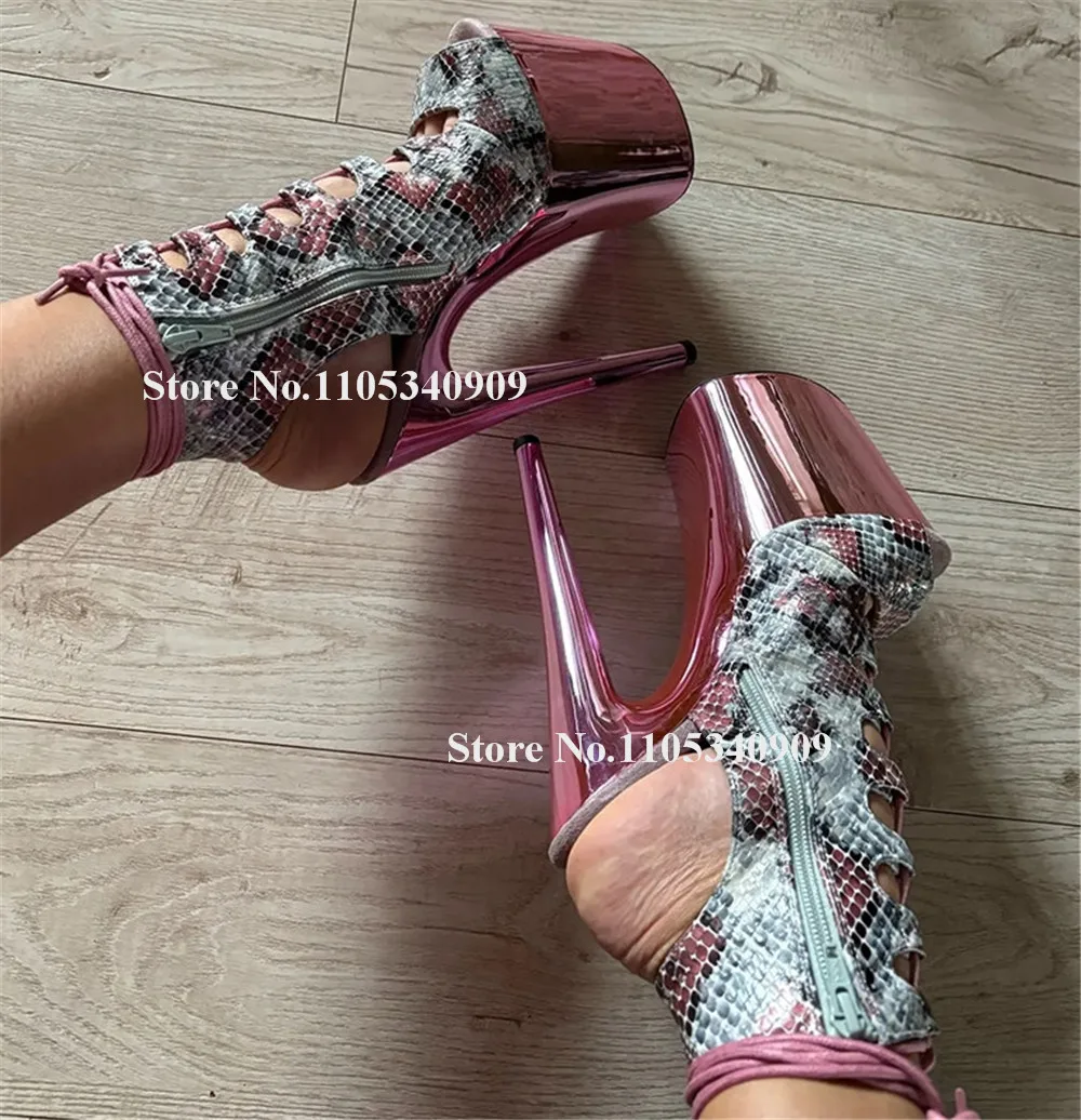 

Bondarenko Snakeskin Leather Patchwork Pink Patent Leather Thin Heel Short Boots Peep Toe Cut-out High Platform 20cm Dance Shoes
