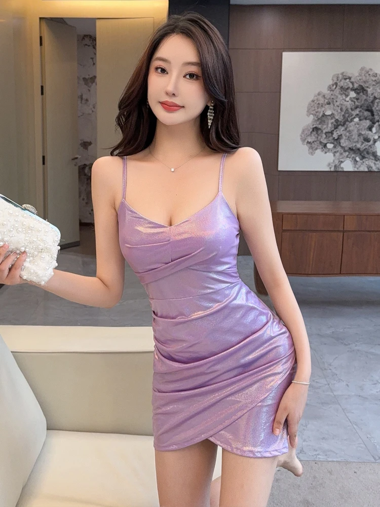 Club Sexy Low Cut Flashing Fabric Strap Dress High Waist Backless Slim Fit Asymmetrical Short Skirt Women's Summer Dress
