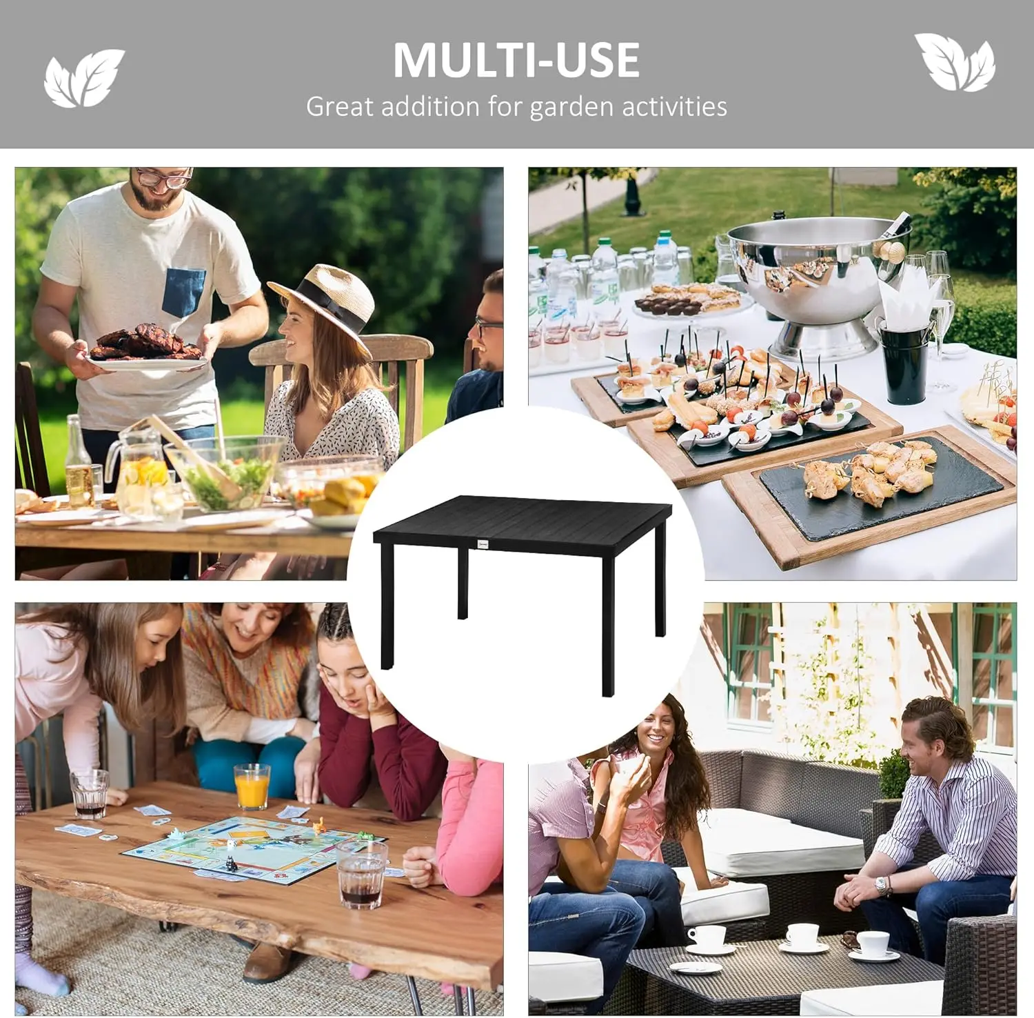 Table for 6 Person, Rectangular Patio Table, Aluminum Metal Legs for Garden, Lawn, Patio, Woodgrain Black