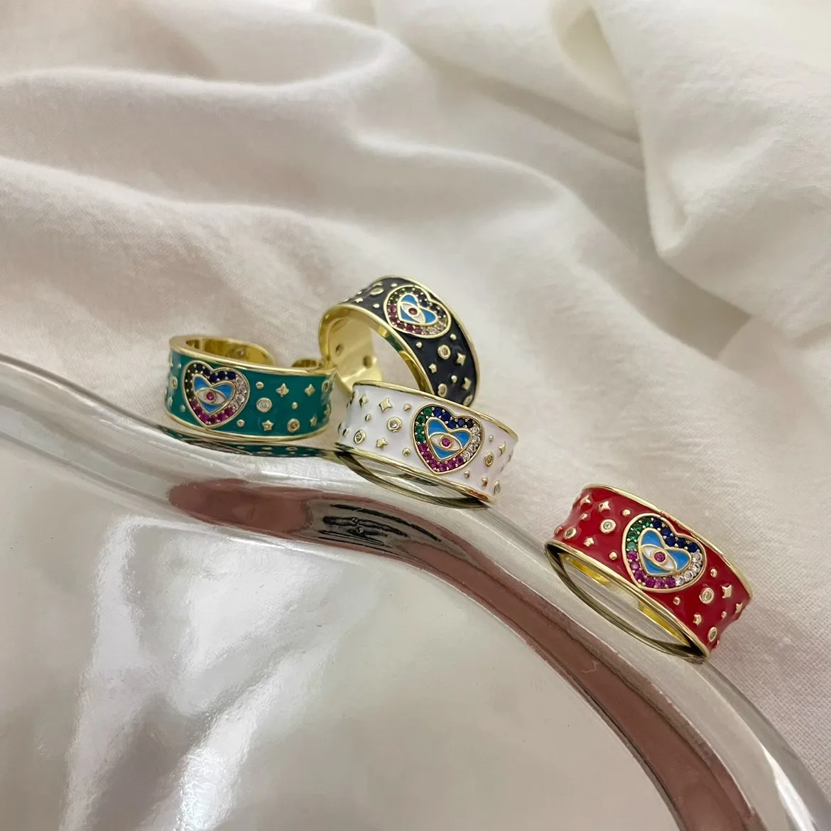

2026 Evil Eye Micro-Inlaid Colorful Zircon Couples Fashion Bohemian Style Enamel Heart Open Ring Gift