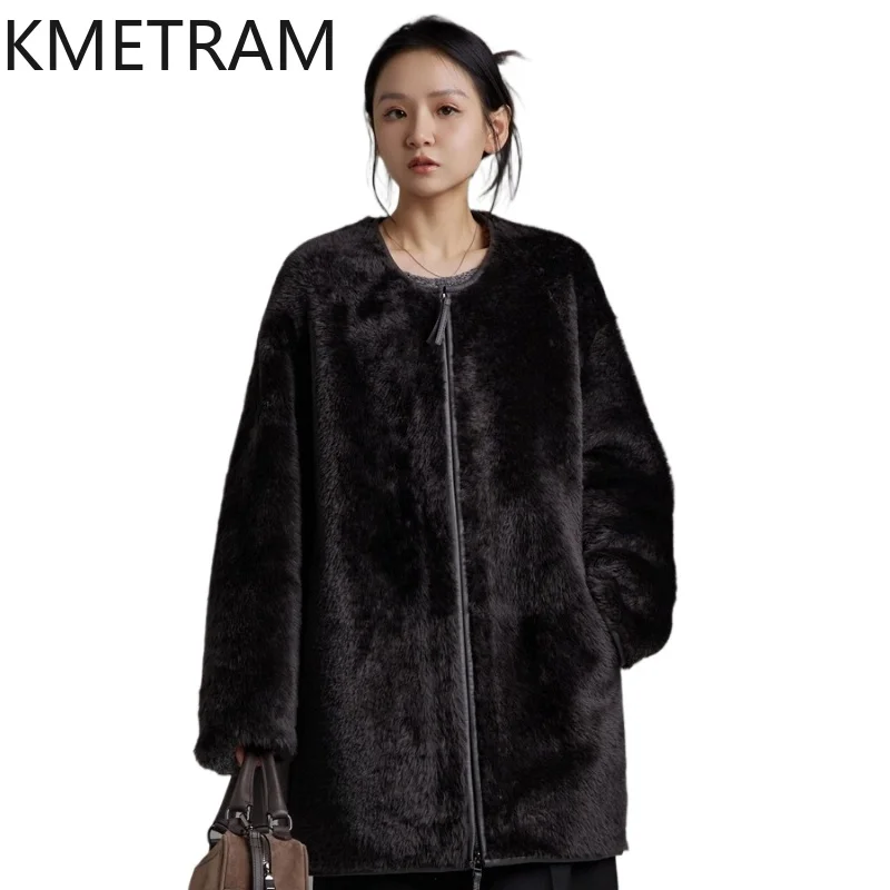 KMETRAM 100% Merino Wool Sheepskin Fur Coat Office Lady Woman Clothing Real Fur Grey Jacket Winter Jcaket 2025 fourrures femmes