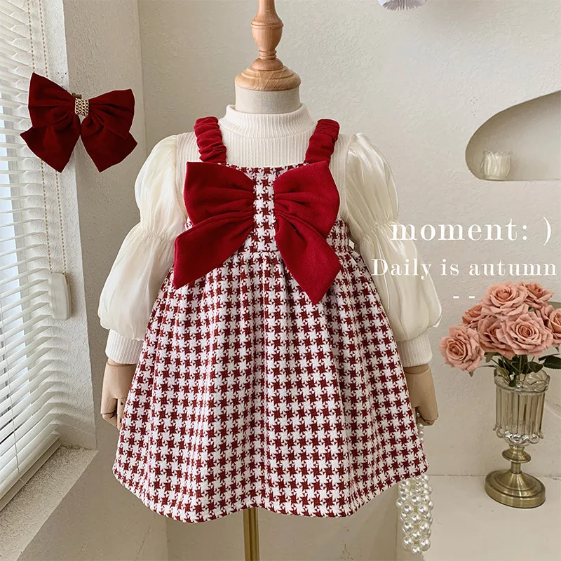 

Girl Two piece set Spring Autumn New 2024 Long Sleeves Lattice Bow Add Velvet Princess Dress Baby Bottom Layer Shirt Casual Cute