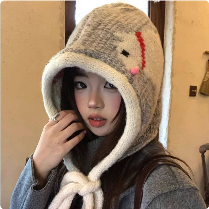 

Корейский жаккардовый вязаный пуловер с рисунком щенка для мужчин и женщин, зимняя уличная защита ушей, теплая шапка-балаклава на шнуровке