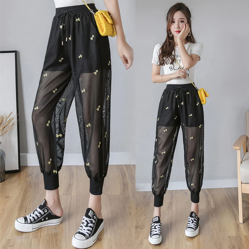 Cheap wholesale 2022 spring summer new fashion casual Popular long women Pants woman female OL Mesh Chiffoon sunscreen pants  2