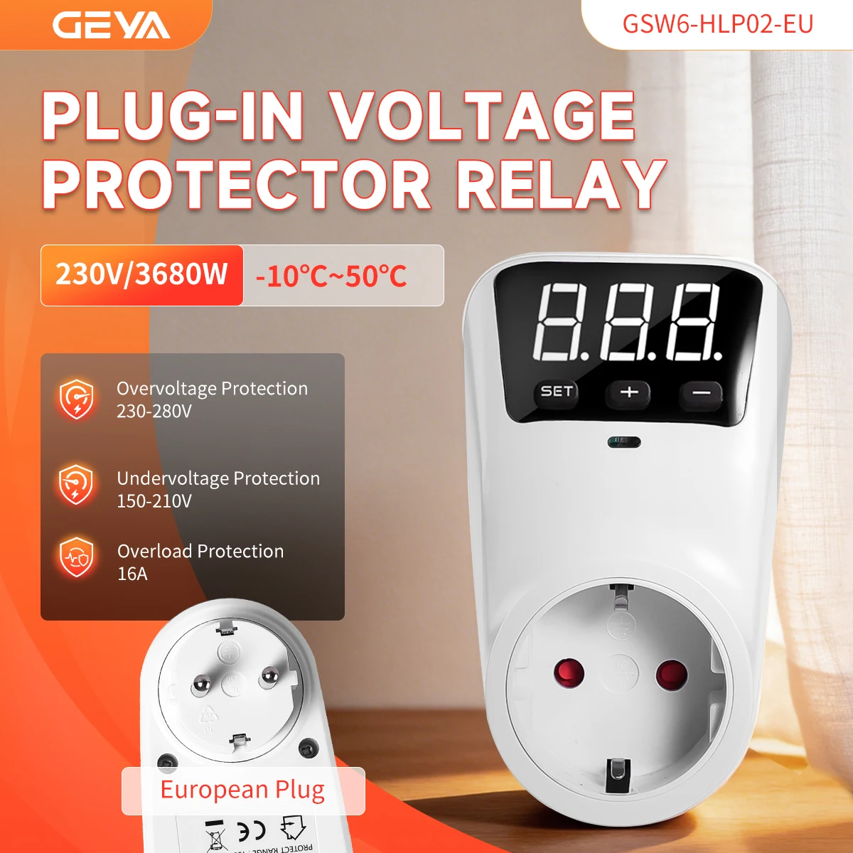 

GEYA Automatic Voltage Protector Socket AC230V 16A Adjustable Power Surge Protector EU Socket Automatic Reset