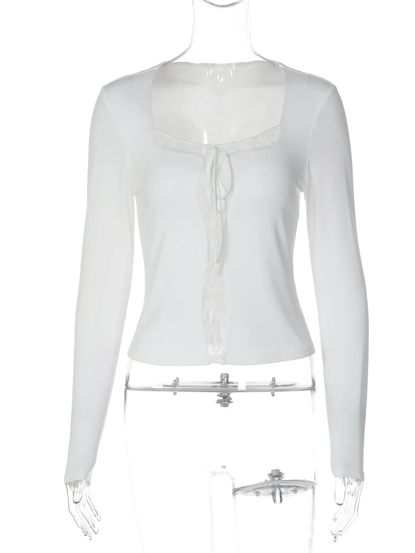 Dulzura الخريف أزياء مثير ساحة طوق طويلة الأكمام الدانتيل يصل الدانتيل المرقعة تي شيرت المرأة أزياء عارضة نمط الشارع الزي