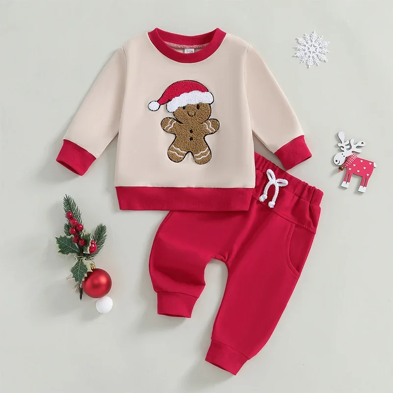 Toddler Kids Baby Boys Christmas Clothes Sets Gingerbread Man Embroidery Long Sleeve Sweatshirts Long Pants Xmas Outfits