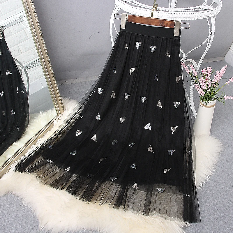 

2022 Spring Women Skirts A-Line Pleated Skirts Women Elastic High Waist Midi Skirts Elegant Sequin Mesh Skirts Femme Streetwear