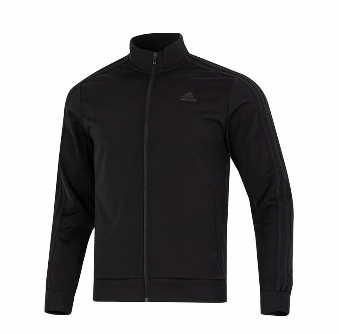 سترة رياضية بسحاب مطبوع عليها شعار الصدر بلون سادة من Adidas ESSENTIALS للرجال باللون الأسود