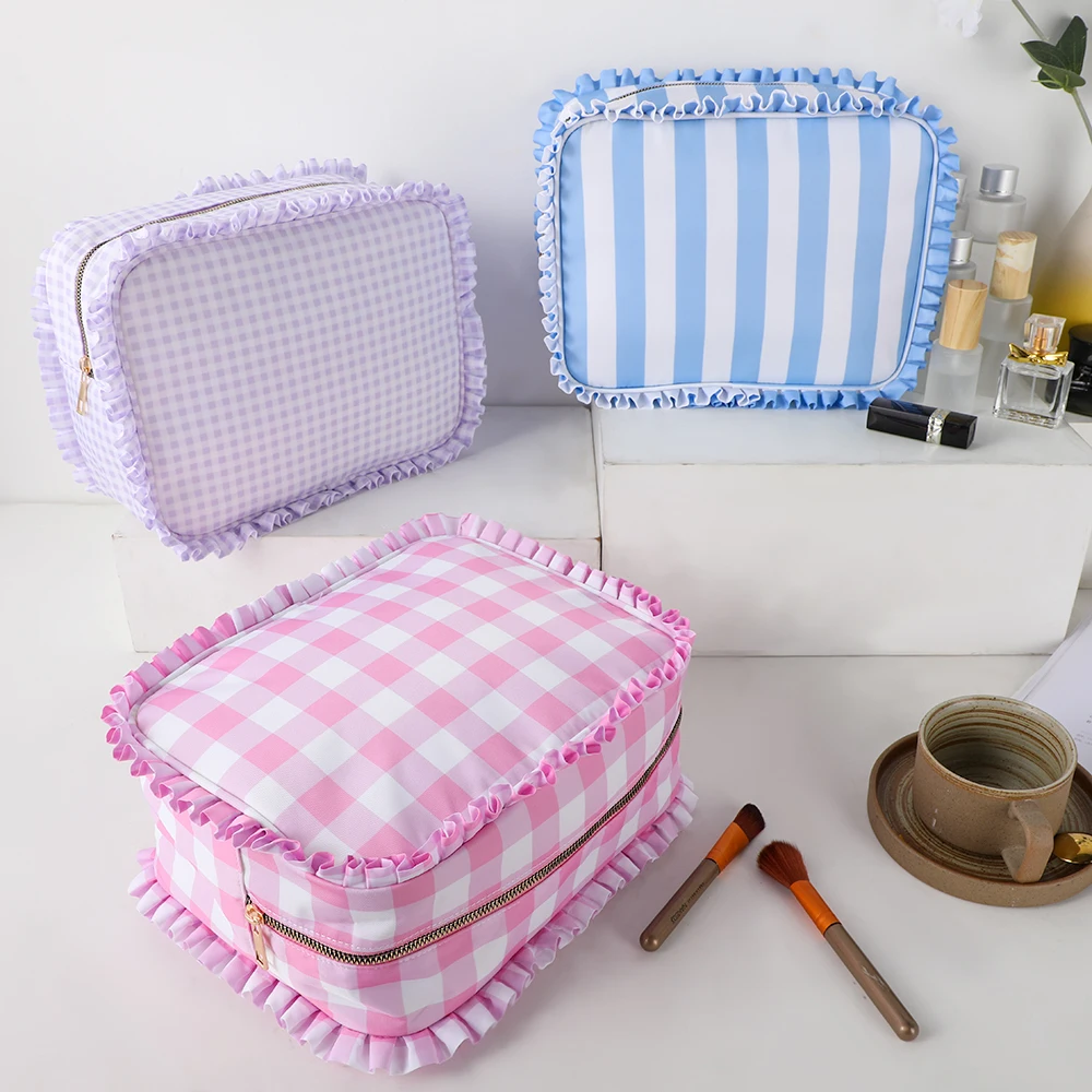 

Ruffle Cosmetic Bag Travel Makeup Nylon Pouch For Women Girls Large Toiletry Multifunction Organizer Storage Zipper Waterproof