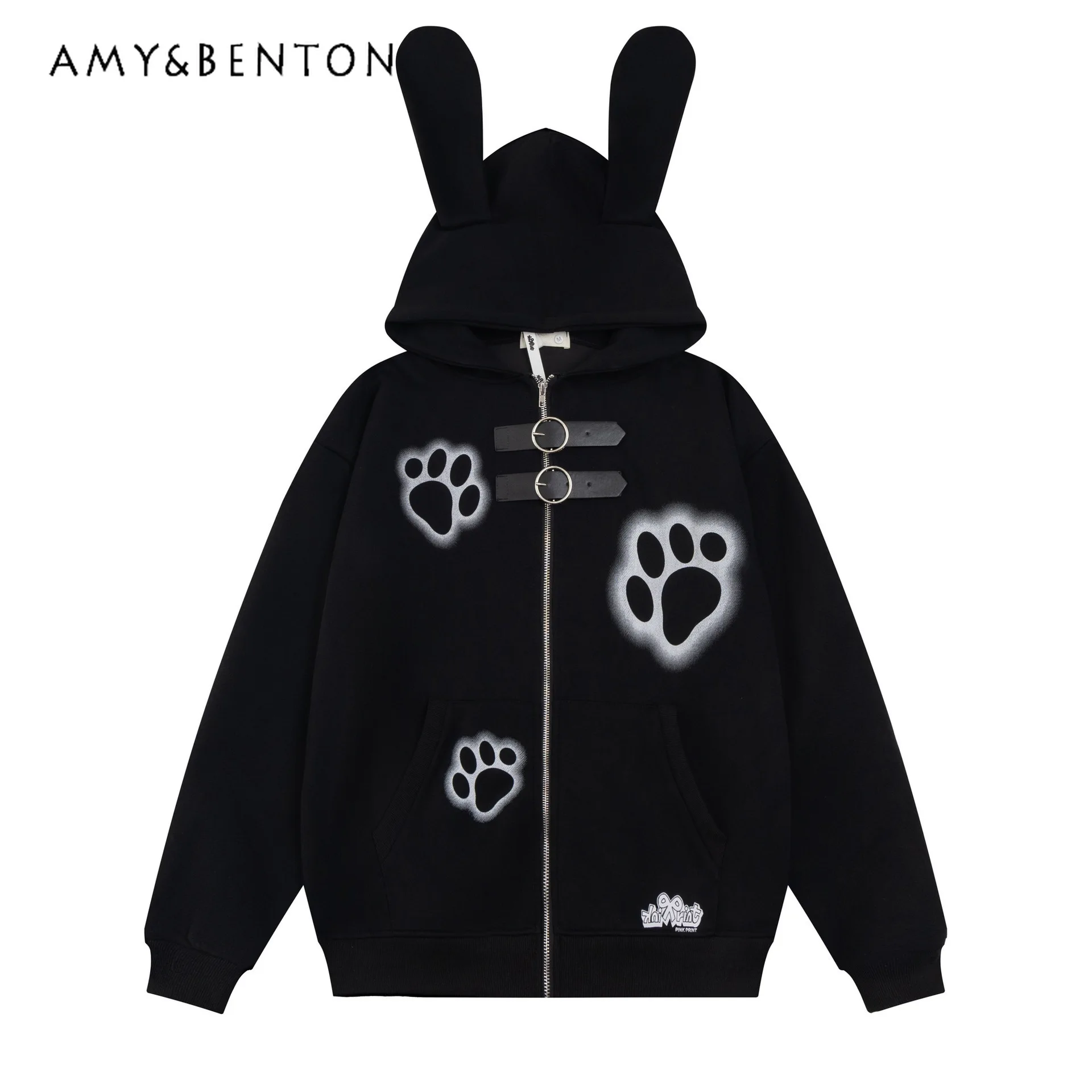 

2025 Spring and Autumn New Cute Bunny Ears Cat Paw Print Black Women's Hoodie Loose Cardigan Coffee Color Hooded Jacket
