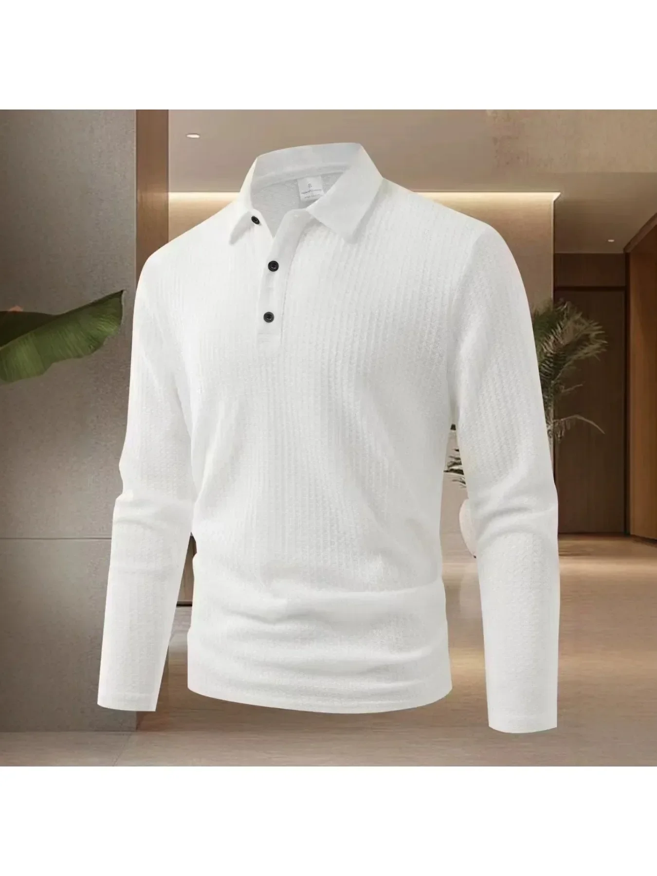 Men's Long Sleeve Waffle Knit Polo Shirt Oversized Casual Textured Pullover Solid Color Streetwear Spring Autumn