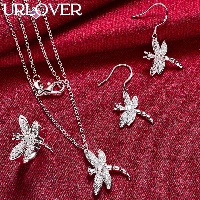 

URLOVER 3pcs/lot 925 Sterling Silver Fine Zircon Dragonfly Pendant Necklace Earrings Ring Sets For Woman Fashion Charm Jewelry