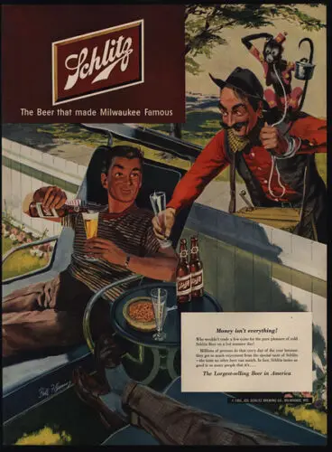 1951 Organ Grinder Street Performer & Capuchin Monkey - SCHLITZ Beer VINTAGE AD