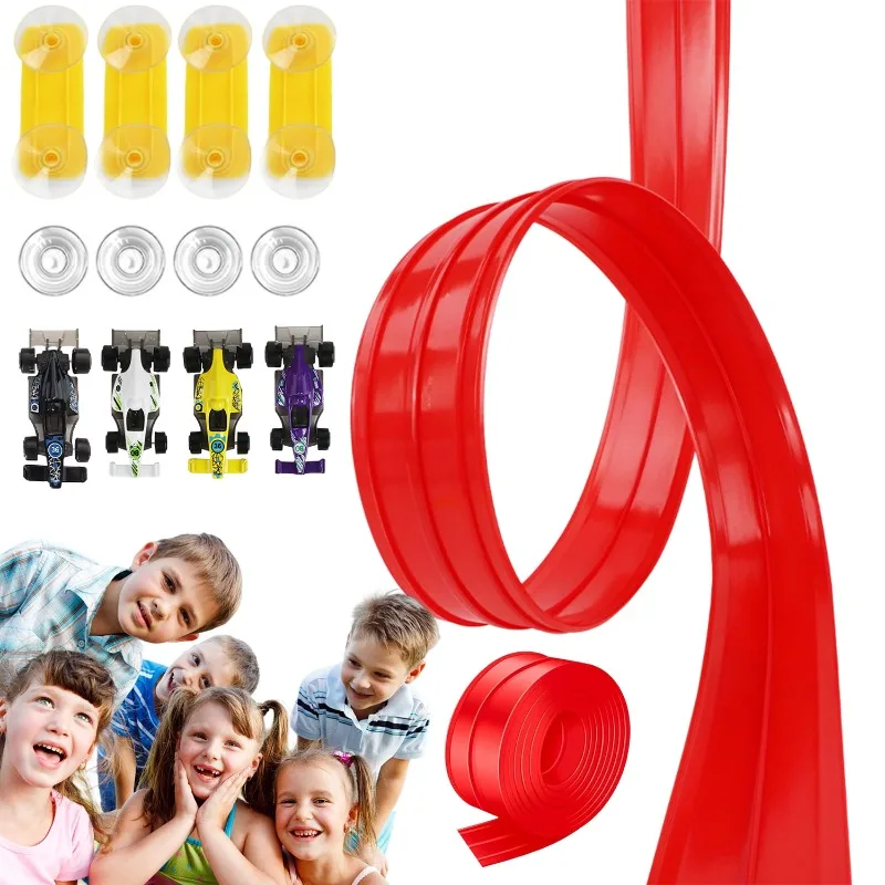 Ensemble de jouets de piste de course flexible de 5 m, pente réglable, avec 4 voitures à inertie aléatoires, jeu ouvert pour développer l'imagination des enfants, jouet d'interaction familiale.