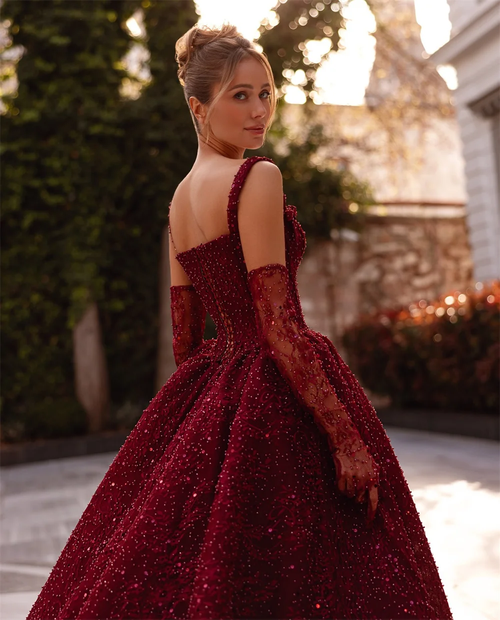 Amanda personalizado borgonha a linha bordado vestido de baile frisado gola quadrada vestidos de noche mangas destacáveis noite formal