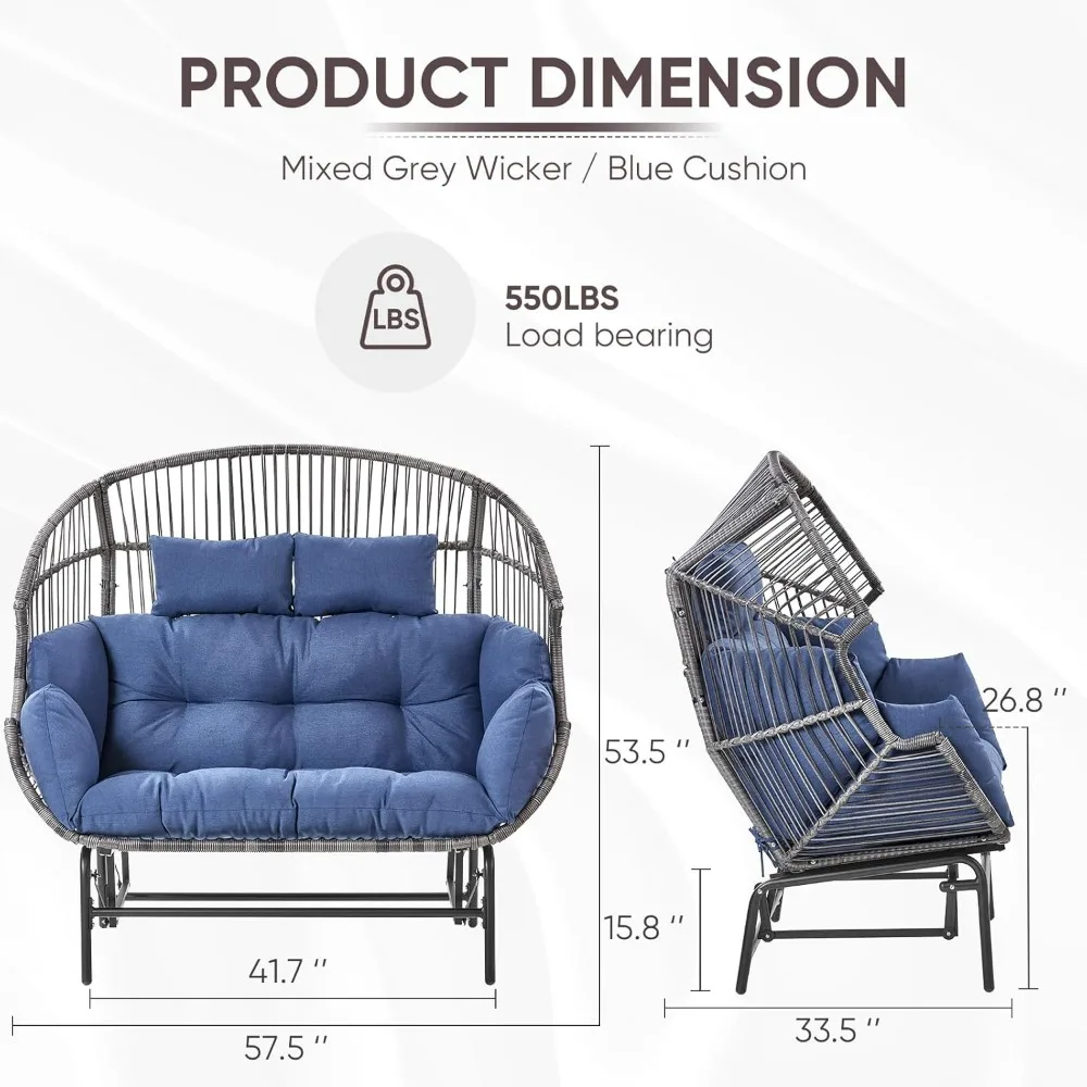 Double Egg Chair Outdoor Glider Loveseat, 550LBS Weight Capacity Wicker Patio Rocking Egg Chairs, Handwoven Rattan Porch