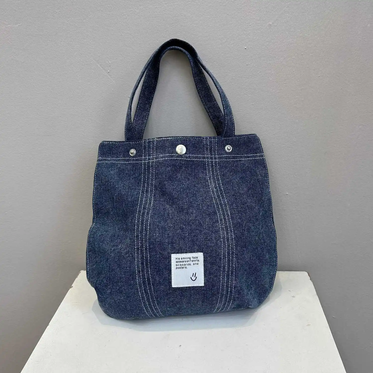 31*32cm Denim Bucket Shoulder Bags for Women Letter Handbag with Hasp Female Casual Shopping Purse Bags in Blue