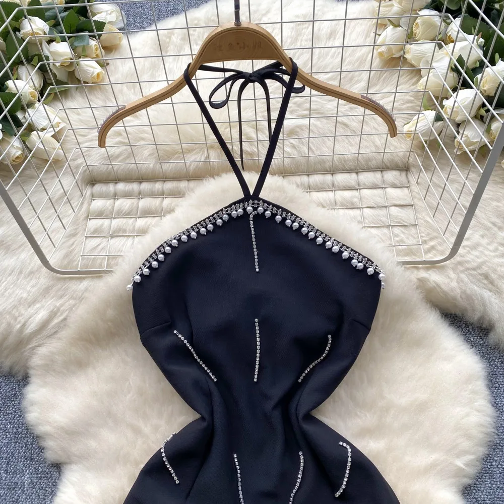 2025 신상 블랙 라인스톤 홀터 드레스 여성 컷아웃 슬림 바디콘 맥시 드레스 섹시 갈라 파티 레드카펫 가운