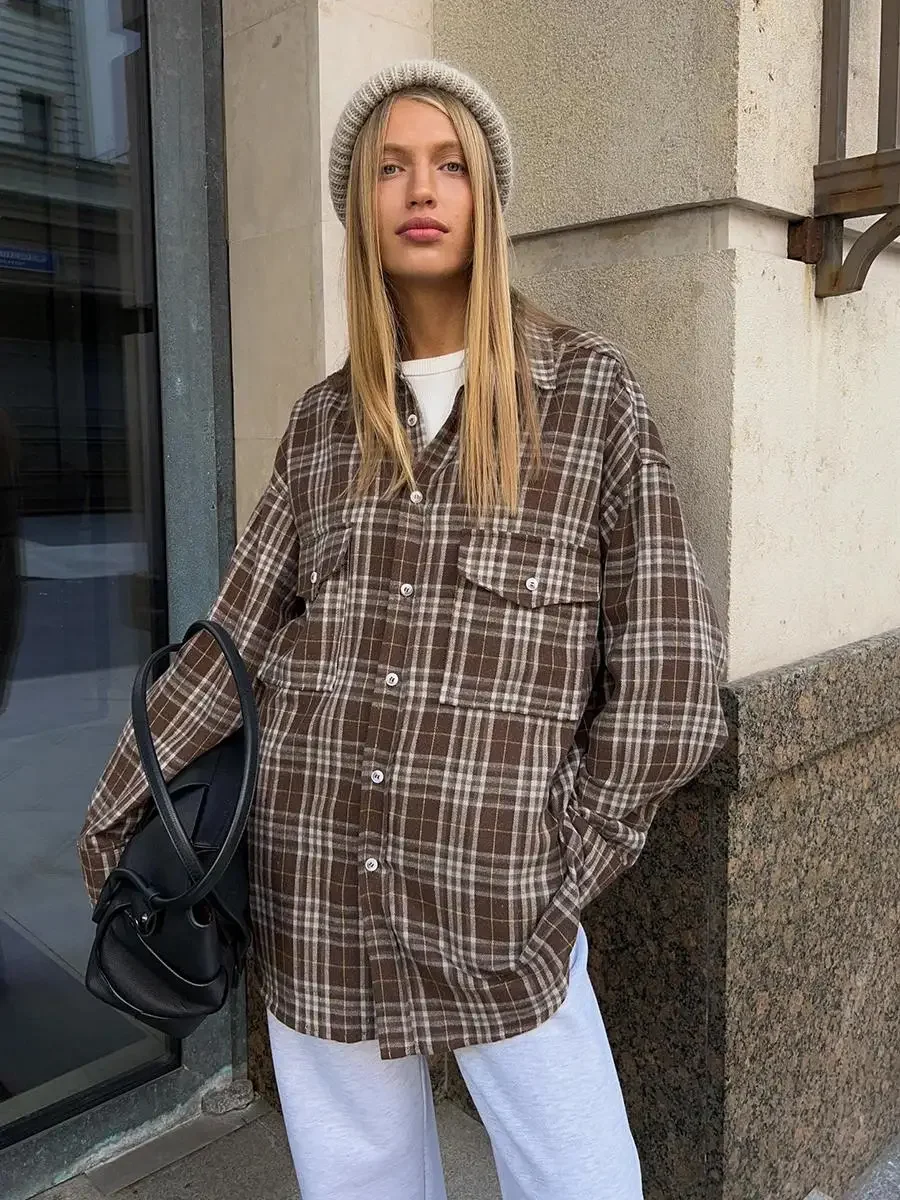 Bornladies-Chemise à carreaux vintage pour femmes, chemise à manches longues à revers, chemises et chemisiers de bureau, vêtements pour femmes,