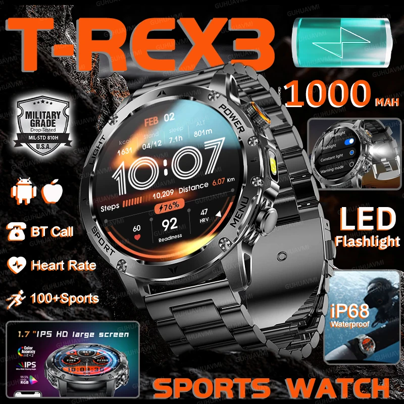 Outdoor NEW T-Rex 3 Smart Watch 1000mAh Extra-Large Battery LED Flashlight HD Call Military 3ATM Waterproof Sport Fitness Watch