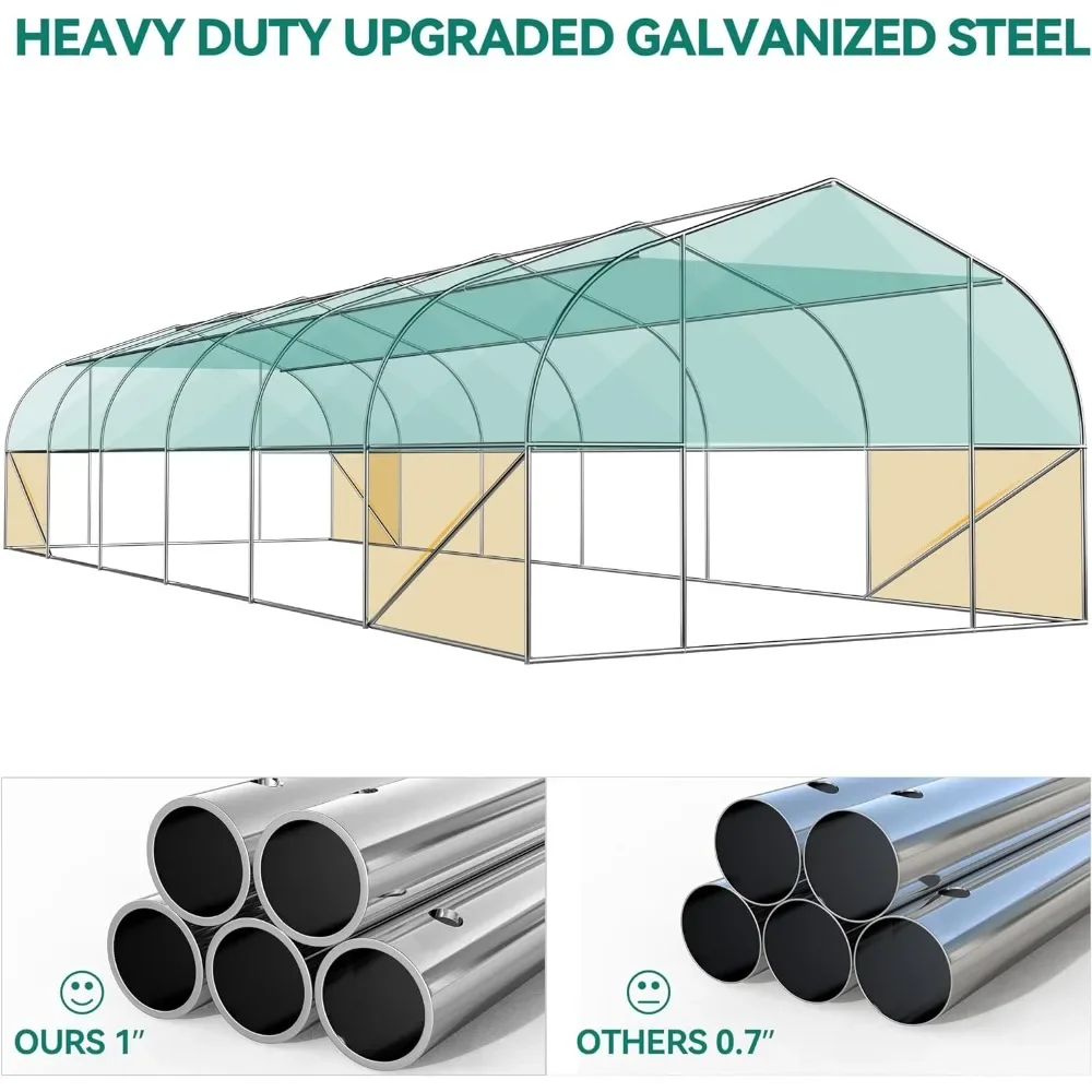 30x10x6.5ft Large Portable Upgraded Sunshade Galvanized Steel Frame Ropes Zipper Doors 7 Crossbars , Green