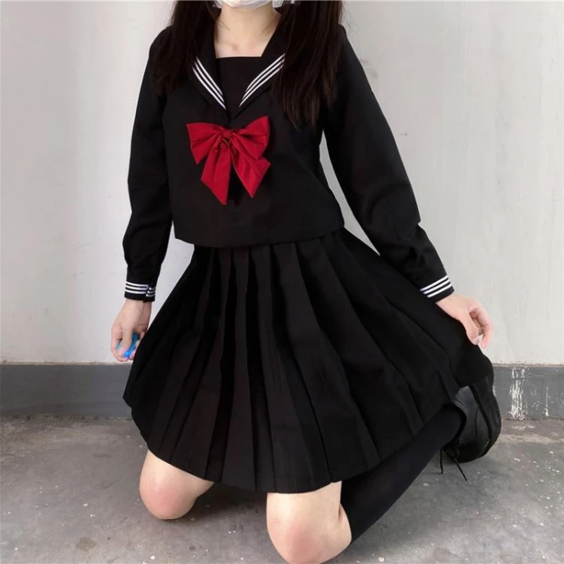 Uniforme escolar japonês para meninas, terno Jk tamanho grande, gravata vermelha preta, três uniformes básicos de marinheiro para mulheres, terno de manga longa