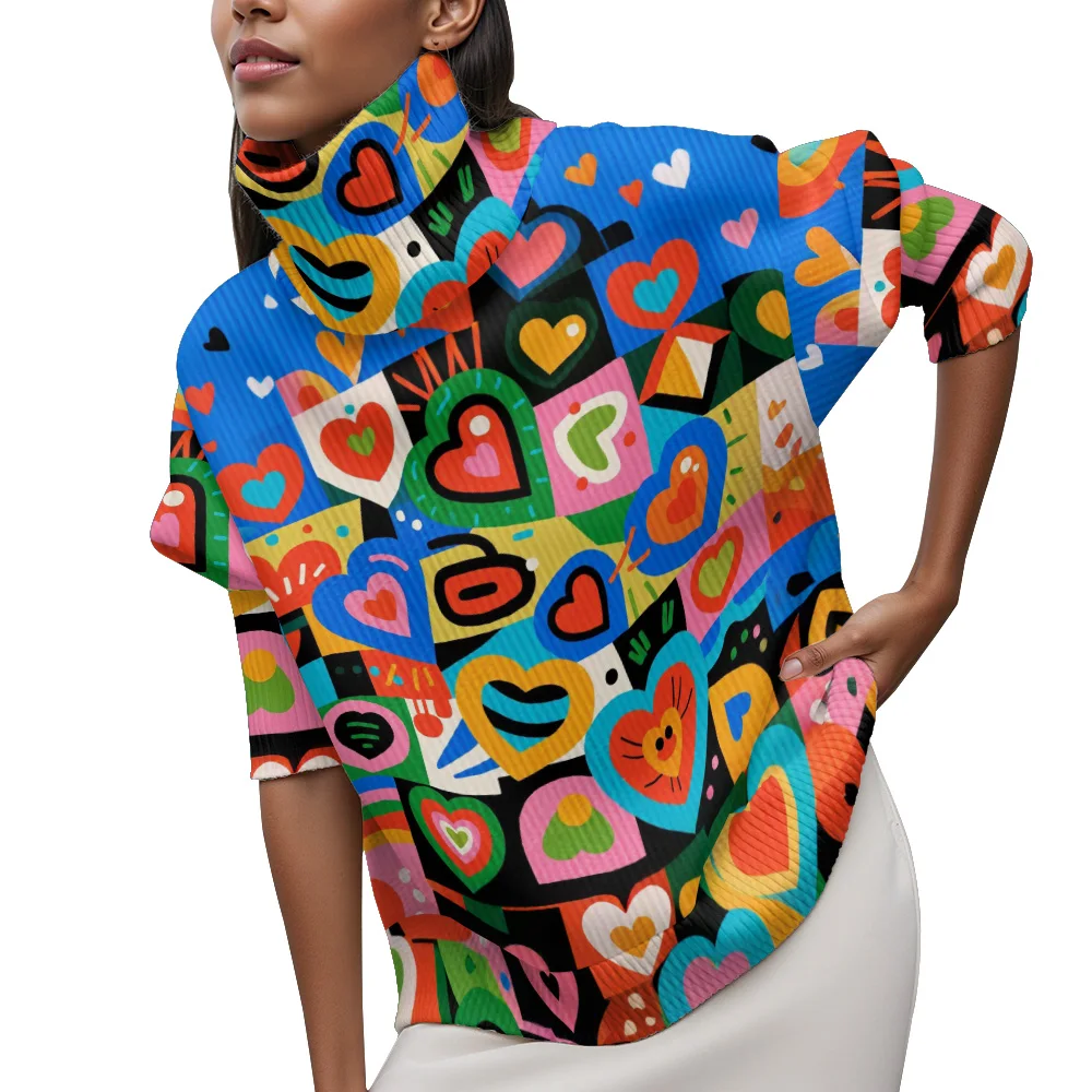 

Pink Gradient Hearts Sweater with Star Dots Blue Outlines High-Neck Romantic Printed Top Valentine's Day Fashion Collection