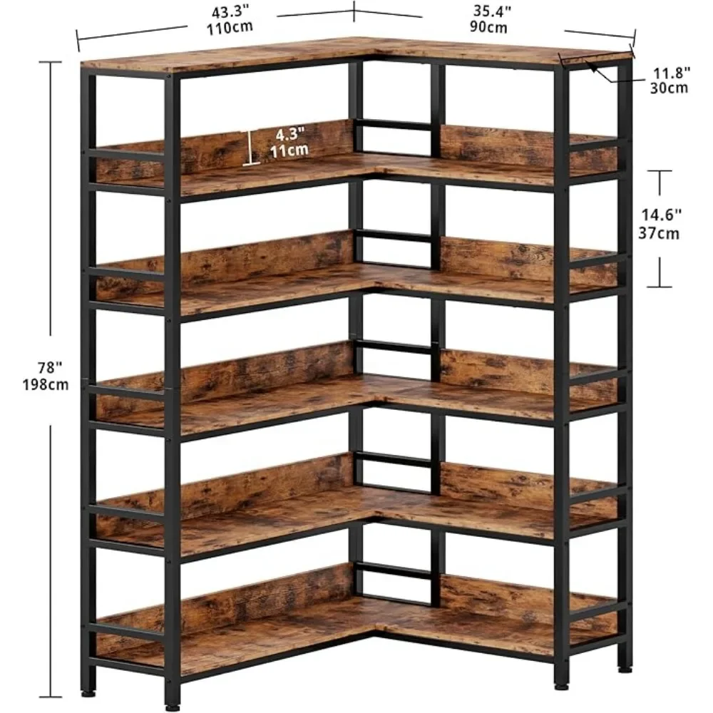 Industrial Bookshelves 6 Tiers Corner Bookcases with Baffles Shelf Storage Rack with Metal Frame for Living Room Home Office