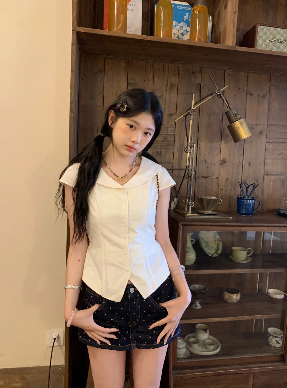 

Elegant Short Sleeve Turn-down Collar Shirt Women's Summer Age-defying Versatile Top Kumikumi Beige Color Business Casual