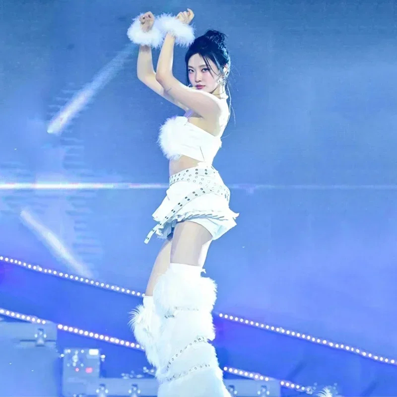 패션 재즈 댄스 의류 여성 가수 그룹 Kpop 복장 화이트 탑 스커트 고고 댄서 의상 무대 공연 착용 DWY9755