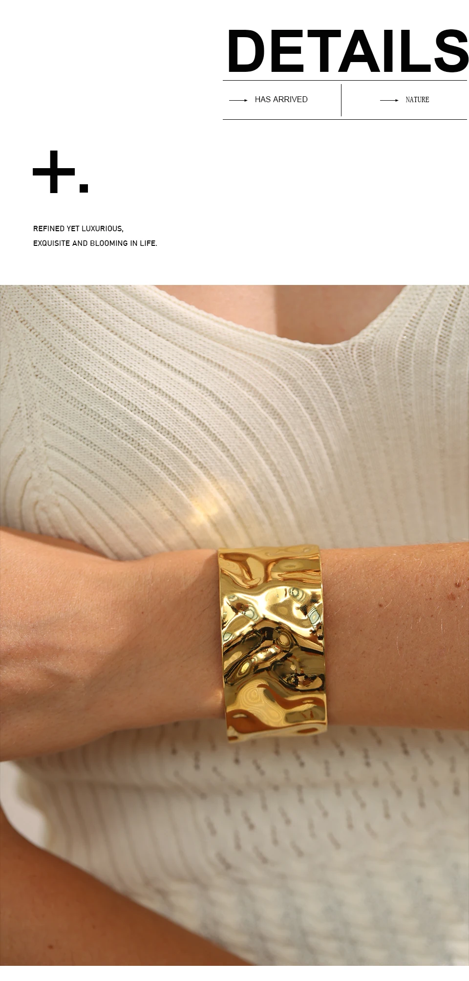 Yhpup Breites großes offenes Armband aus Edelstahl mit Metallmanschette, 18 Karat Gold, PVD-beschichtet, Statement-Wasserdicht, Handgelenkschmuck, Bijoux – Detail 3