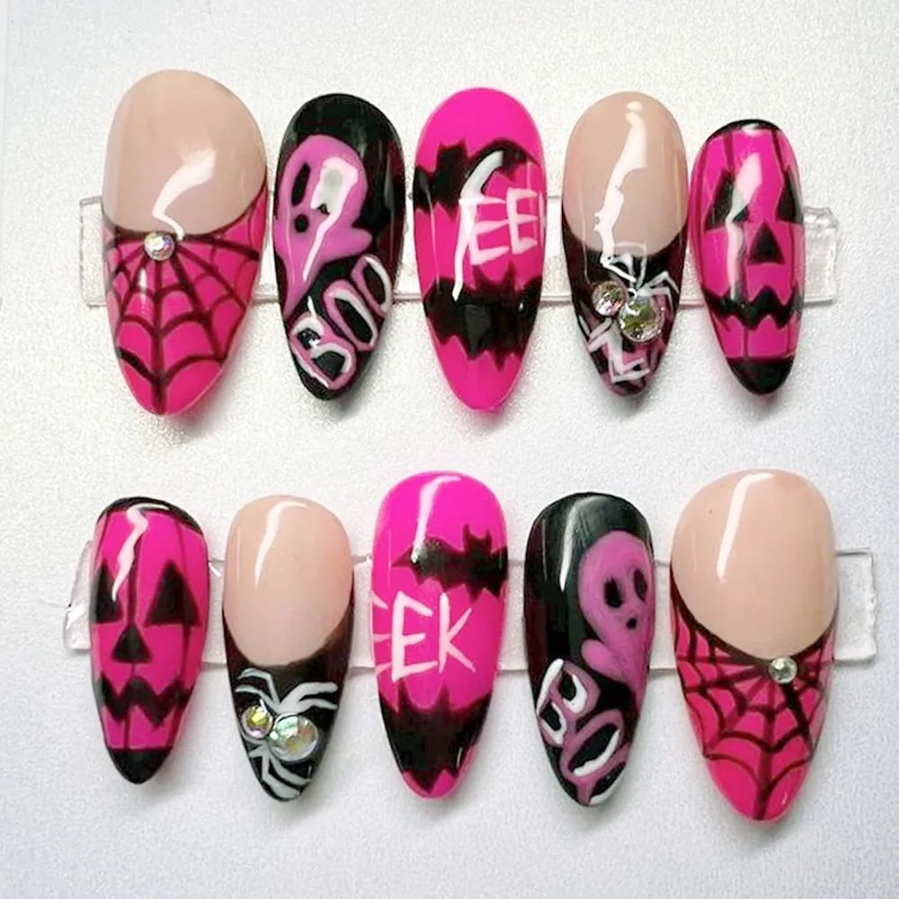 24pcs Halloween Almond Medium French Tip Fake Nails with Spiders, Rhinestone, and Gothic Design for Women's DIY Nail Art