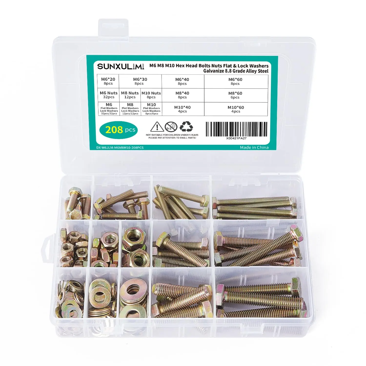 

208 sets of M6M8M10 hexagonal head bolt-nut combination kits, 8.8 grade alloy steel, full machine thread, galvanized