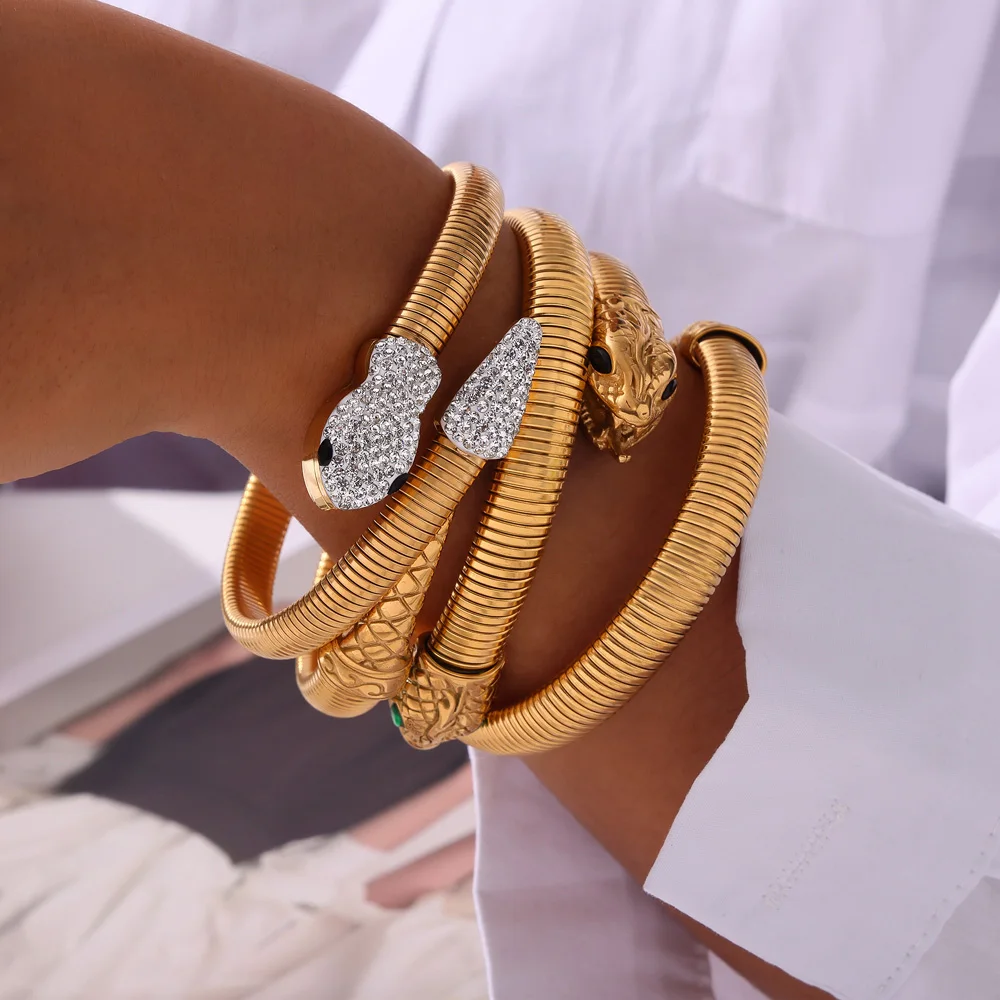Trendy Chic Stainless Steel Snake Designer Bracelet For Women Retro Green Eyes Bangle Luxury Jewelry Wholesale