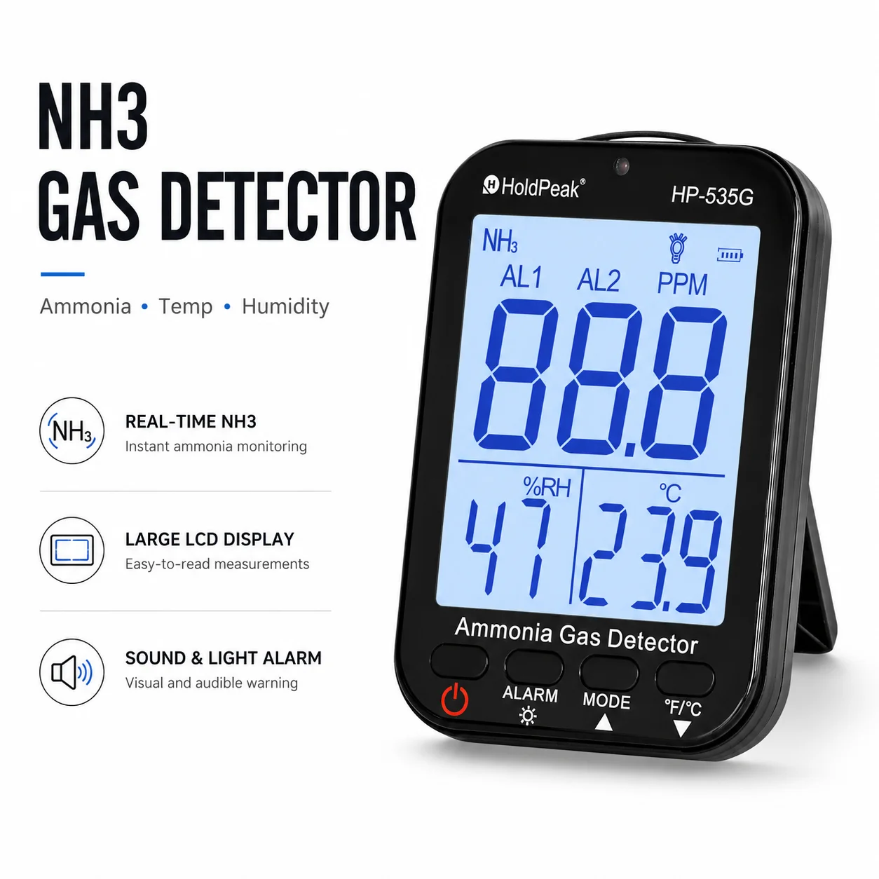 

Ammonia Gas Detector, NH3 Gas Leak Alert with Sound and Light Alarm, Portable Indoor Air Quality Meter, 0-100ppm Range