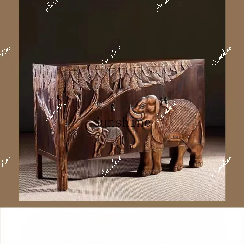 Entrance cabinet solid wood French retro living room elephant ultra-thin carving high-end design Nanyang
