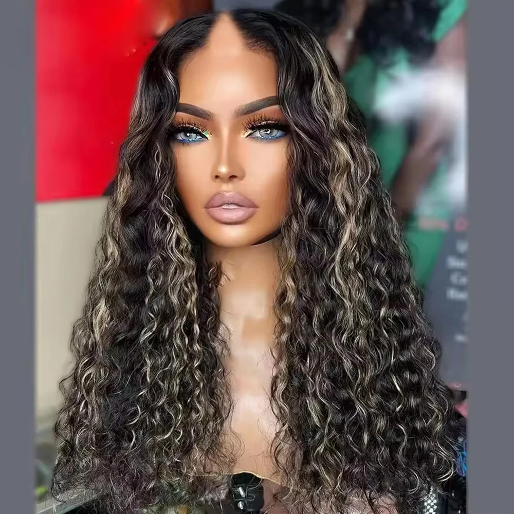 Highlight Bayalag Ash Blonde Brown Loose Curly V Part 100% Remy HumanHair Cheap Machine Made Glueless U Shape Wig for Women 250%