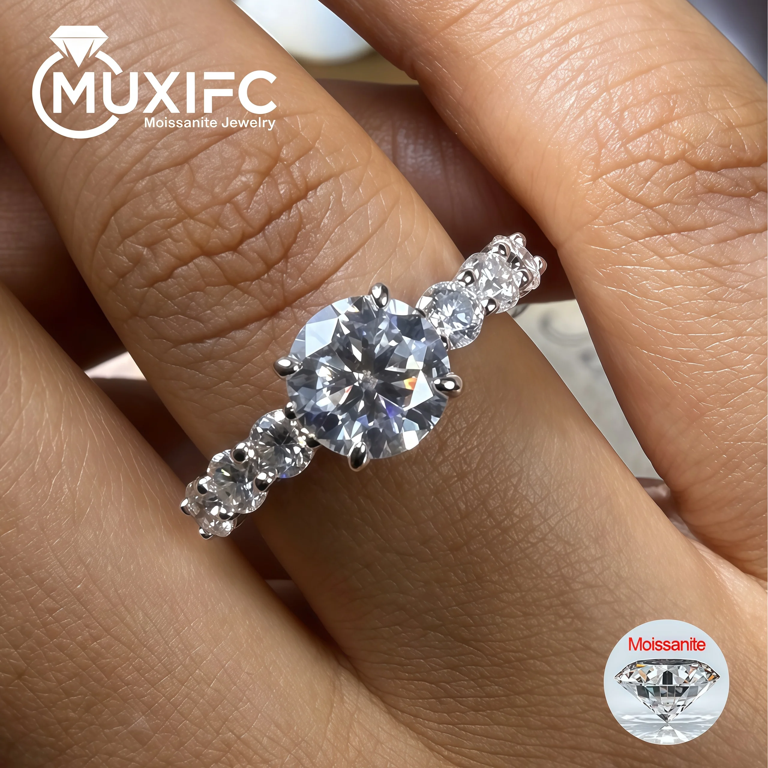 3.2cttw Round Cut Moissanite Diamond Engagement Ring 925 Sterling Silver D Color 7-Stone Wedding Band for Women Fine Jewelry