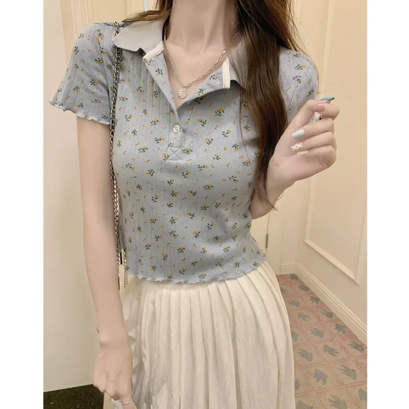 

Summer Gray Shirt Women's T-shirt Blouse Simplicity Short Sleeved POLO Collar Baggy Tops Chic Design Vintage Printing Shirts