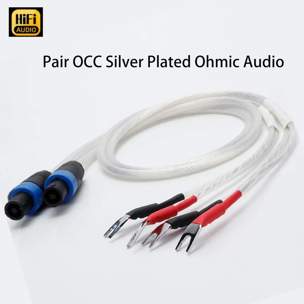 Pair OCC Silver Plated Ohmic Audio Twist Lock NL4FC Cable for Amplifier Speakon Connector to Y Spade Wire for REL/MJ Acoustics