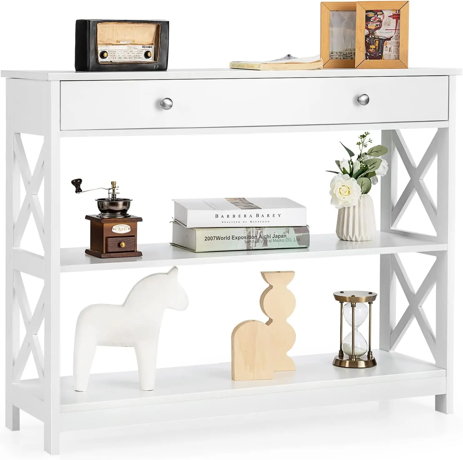 

3-Tier Entryway Table with Storage, Narrow Console Table w/Drawers & Shelves, X-Design Sofa Side Tables for Hallway