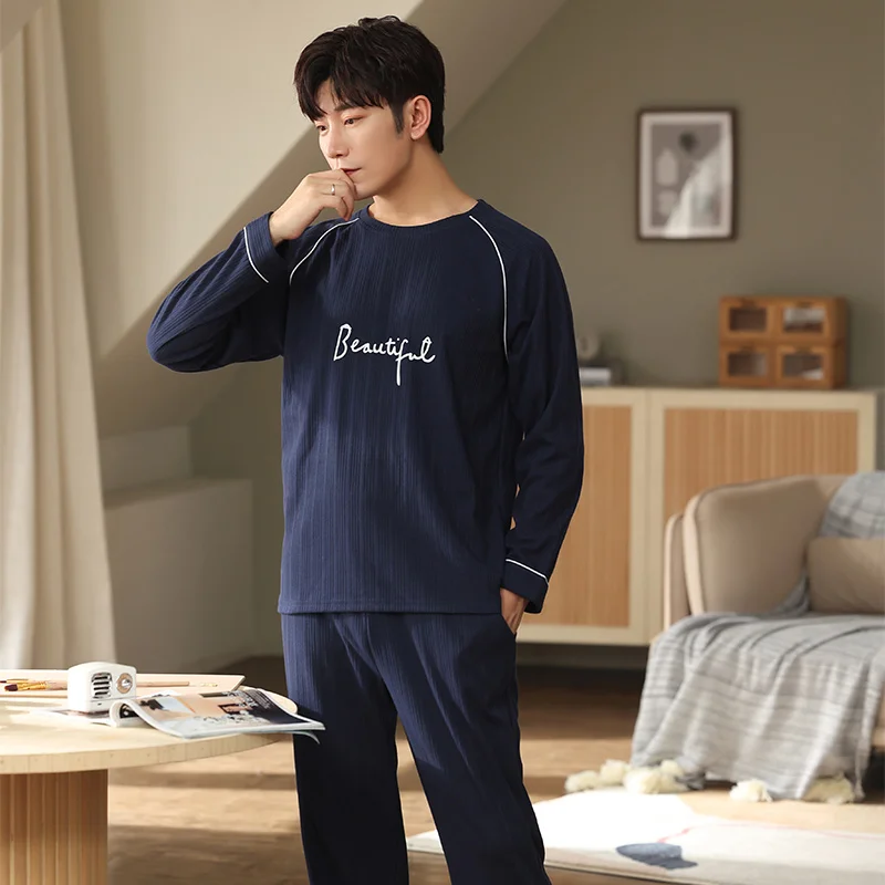 Letter Men Pajamas Sets Autumn Winter Long Sleeves Long Pants Sleepwear Simple Pyjamas Soft Pijamas Cozy Nightshirts Boys Pjs Pj