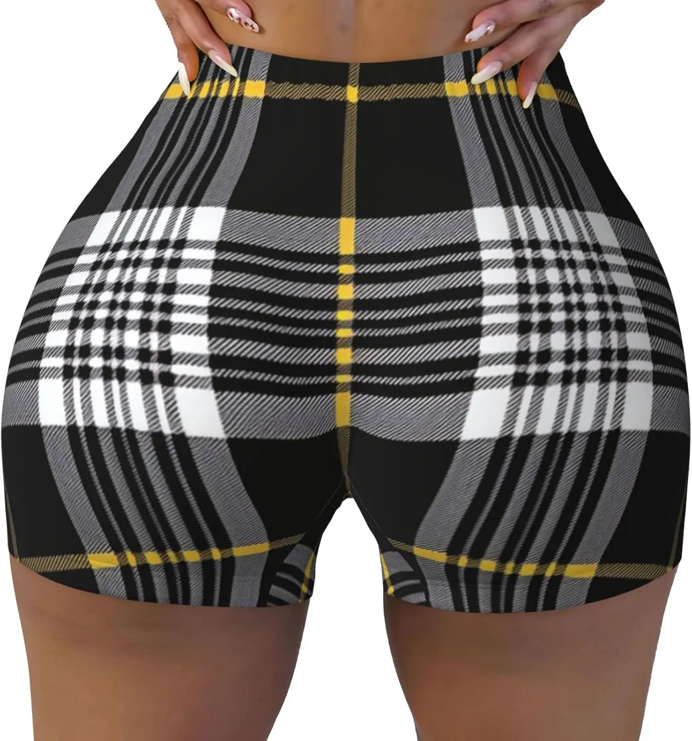 여성용 블랙 체크 운동 반바지, 복부 조절 기능, 여성용 운동 반바지, 신축성 있는 바이커 언더웨어, 압박 여성용
