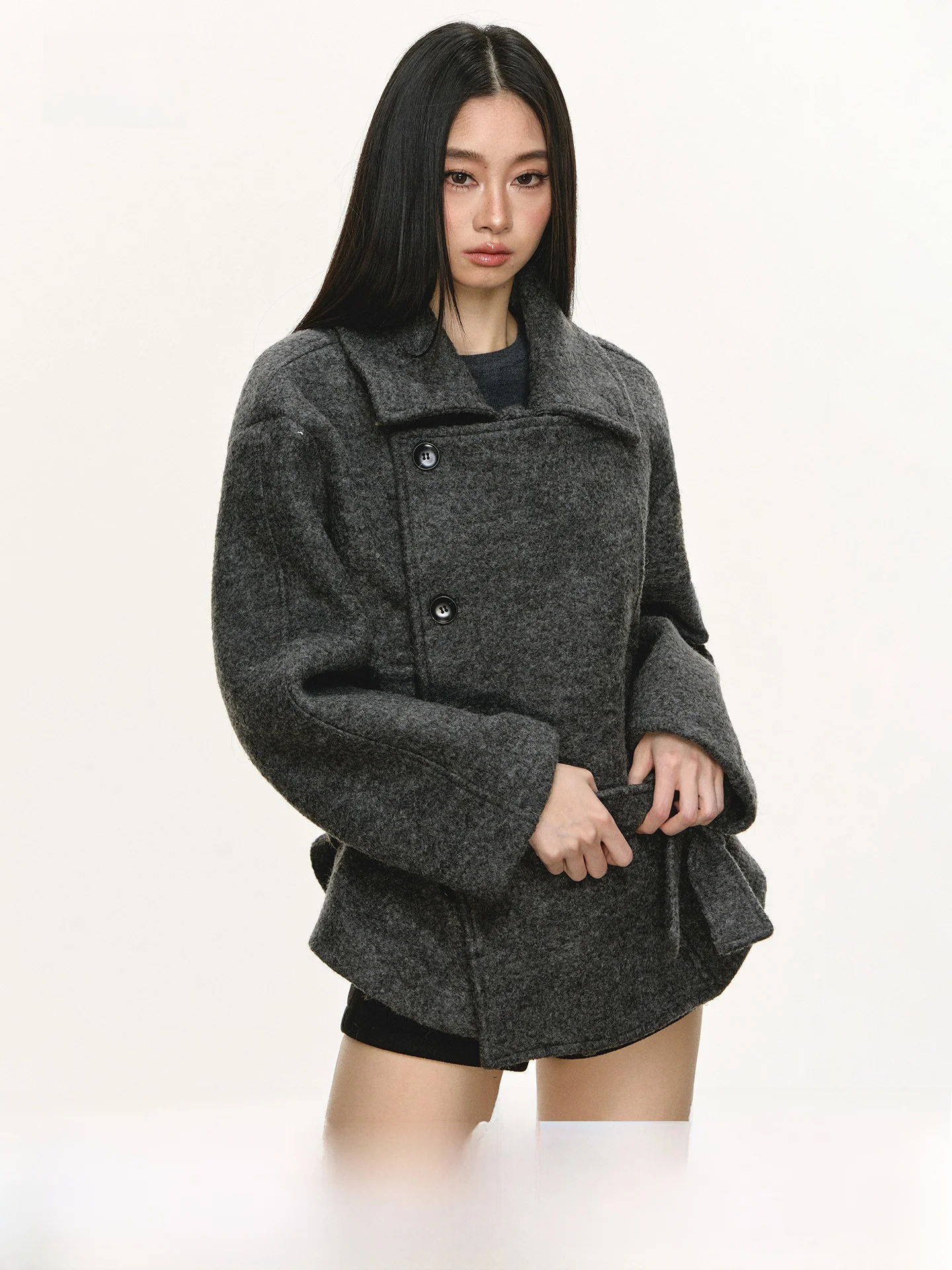 

Anna Aneae Double-Breasted ort Woolen Tweed Jaet Women's Winter ay Belted Waist-Cinching Coat Casual Sle Loose Fit