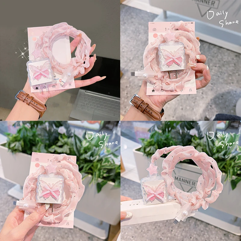Butterfly Bow Charger Cable Protector-Cute iPhone15/16 ProMax 18W/20W Fast Charging Data Line Cover, Anti-Bend Sleeve&Winder Kit