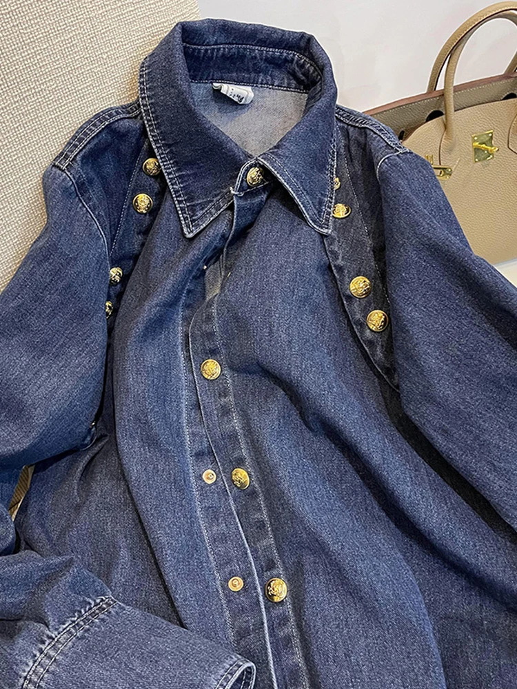 

Women Dark Blue Denim Shirts and Blouses Y2k 90s Vintage Korean Harajuku 2000s Polo-Neck Long Sleeve Jean Shirt Top Clothes 2024