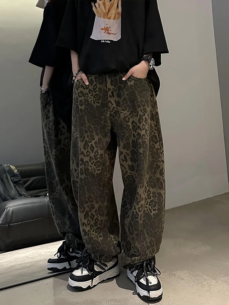 Retro American Washed Leopard Print Men's Jeans High Waist Wide Leg Straight Loose Knife Long Pants Youth Trend Cotton Polyes...