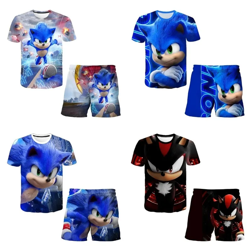 

2pcs Anime Sonics Tshirt Set Kids Clothes Boys Girls Short Sleeve Cartoon Men Women Hedge-hogs Tops Trucksuit Jersey